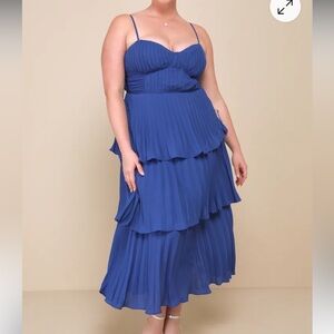 LULUS Cascading Crush Cobalt Blue Tiered Bustier Midi Dress Size XL NEW
